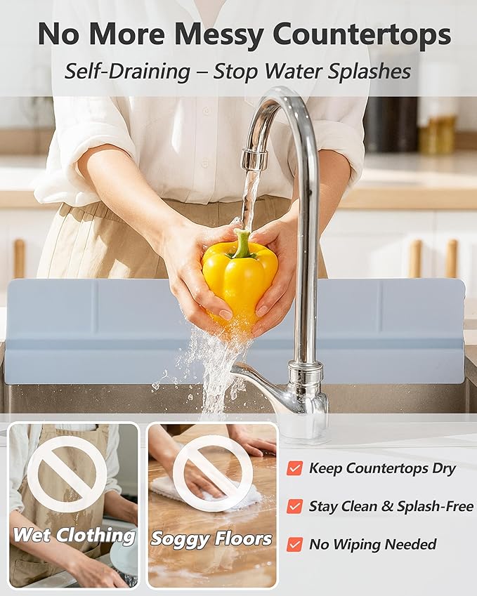Kitchen Sink Splash Guard 18" Self-Draining Silicone Water Guard with High Splash Wall & Strong Suction Cups for Faucet, Countertop & Sink Edge, Keeps Sinks Dry, Dishwasher Safe, Gray