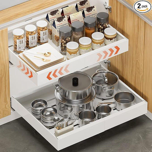 2 Pack 16.5" Deep Pull Out Cabinet Organizer, Adjustable Width (12.2"-20.4") Pull Out Drawers for Frameless Cabinets, Upgrade 3 Slide Rails Slide Out Drawers for Kitchen Cabinets