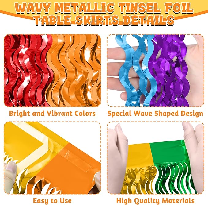 Rainbow Table Skirt, 2Pack Desk Skirts Party Decorations, Colorful Metallic Wavy Tinsel Foil Fringe Table Skirts, Lgbt Rainbow Foil Table Skirt for Birthday Pride Decorations Teacher Pride Month Decor