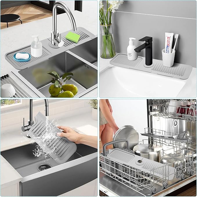 24" Longer Silicone Splash Guard, 5 Slope Design Faucet Water Catcher Mat, Handle Drip Catcher Tray Mat for Kitchen Countertop Bathroom Sink Protectors (Beige White)
