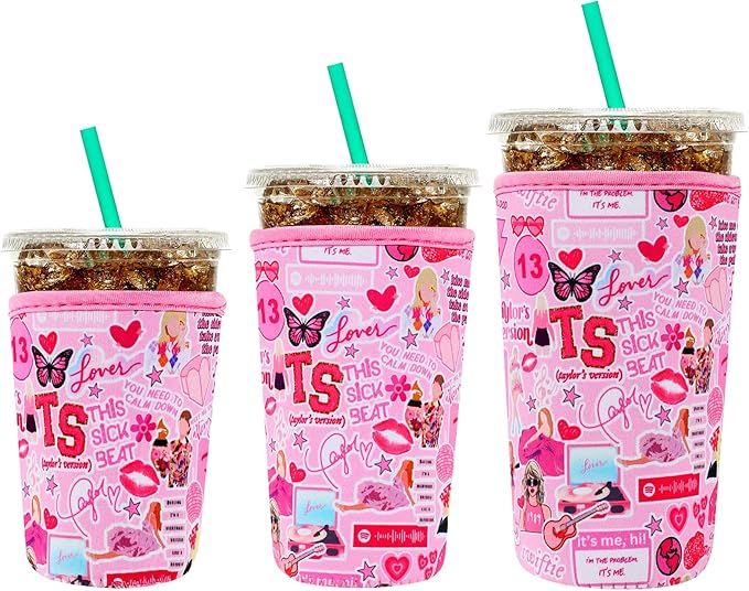 YR Reusable Neoprene Insulator Sleeve for Iced Coffee Cups, 3 Pack Coffee Coolies sleeves for Iced & Hot Drinks, Cold Beverage Cooler Compatible with Starbucks Coffee and More (Pink)