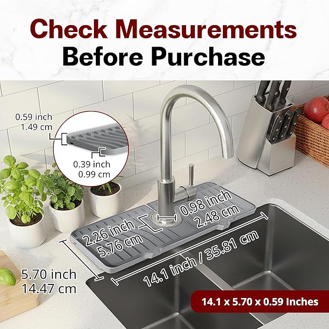 Odrago Silicone Faucet Mat (14.17"x5.70"x0.59"), Bathroom, Countertop and Kitchen Sink Splash Guard, Anti-Slip Faucet Drip Catcher Tray, 90-Degree Foldable Edge, Sloped Design for Fast Drying, Grey