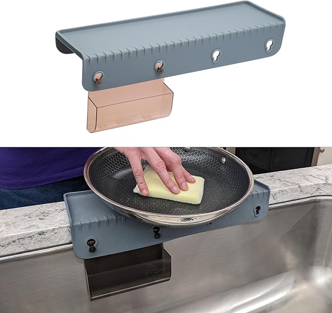SiliSink Silicone Sink Edge Guard for Kitchen Sink - Fits 3.75” - 4” Wide - The Original Silicone Edge Protector with Sponge Caddy, 14” Gray