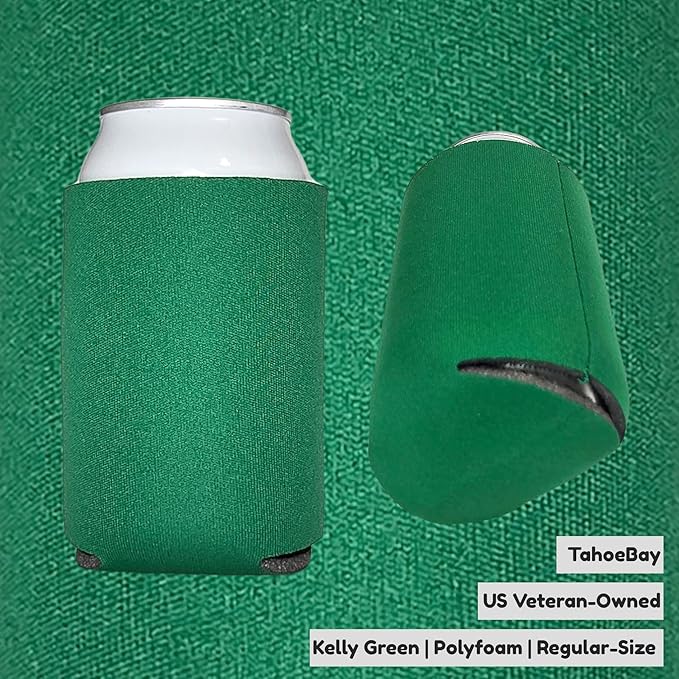 TahoeBay Bulk Blank Beer Can Cooler Sleeves (50-Pack) Sublimation Blanks for Vinyl Plain Soft Foam Can Sleeves Coolers for Soda Cans & Bottles Black, White, Assorted Solid Color (Kelly Green)