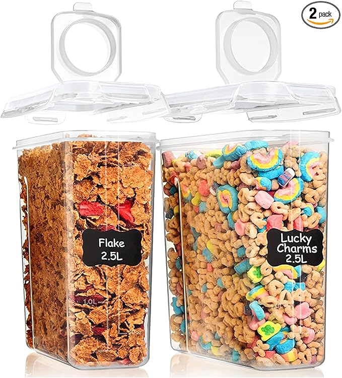 Shazo 2 Pack (15.4 Oz Cereal Capacity) Small Airtight Cereal Containers Storage with Lids, Perfect Space Saving BPA-Free Plastic Container, Pantry Organization and Canister for Rice, Sugar & Flour
