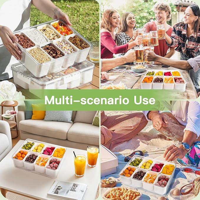 Chilled Snackle Box Container, Snacklebox with Reusable Ice Pack, Beach Essentials Insulated Bag for Parties, Road Trip, 8 Compartment Snack Container, for Fruits, Veggies, Snacks, Keep Food Cold