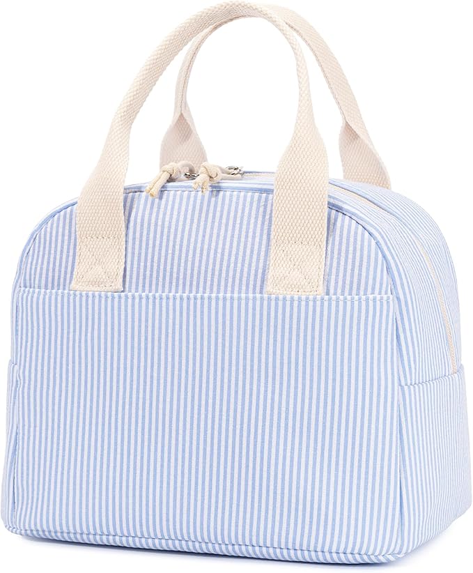 LOVELYWIND Insulated Lunch Bag for Women, Reusable Blue Striped Lunch Box Cooler Bag with Large Capacity, Durable Lunch Tote for Work