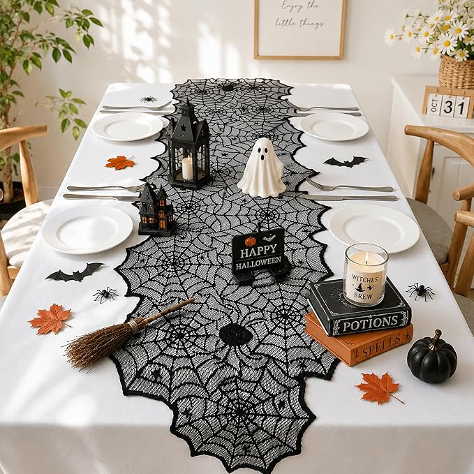 Halloween Decorations - Black Lace Spider Web Table Runner | Halloween Decor Party Favors Supplies for Indoor Outdoor - Halloween Table Centerpiece Decor for Home Office Dining Kitchen, 18 X 72 Inch