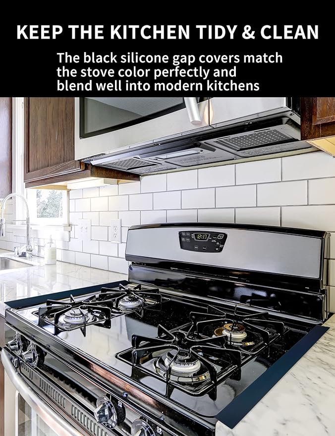 Donpearl 25 inch Black Stove Gap Covers (2 Pack), Silicone Gap Filler for Stove and Counter, Flexible Oven Edge Gap Guards, Kitchen Crumb Catcher Strips for Most Stovetop Gaps