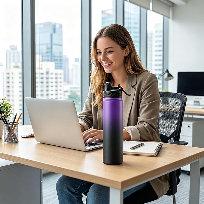 Fijinhom 24 oz Insulated Water Bottle, 2-in-1 Straw and Spout Lid Stainless Steel Thermos, Leak-Proof, Double Wall Vacuum Flask, Keep Cold 24H for Outdoor, Sports, Travel, School (Purple&Black)