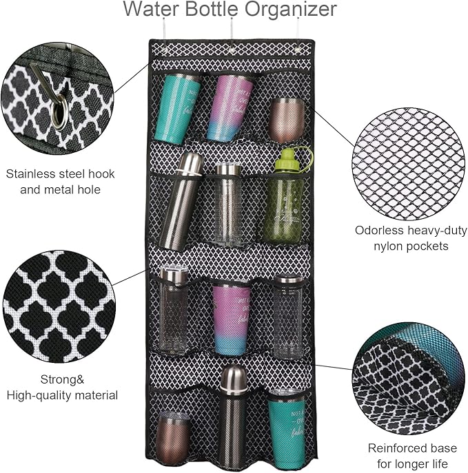 Water Bottle Organizer over the Door Cup Holder with 12 Large Pockets and Reinforced Bottom Tumbler Organizer Clear Mesh Cup Storage for Kitchen Pantry Cabinet Door Wall 41"×17"