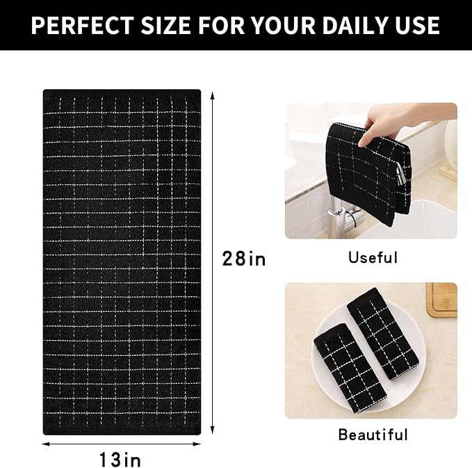 Homaxy 100% Cotton Terry Kitchen Towels(Black, 13 x 28 inches), Checkered Designed, Soft and Super Absorbent Dish Towels, 24 Pack