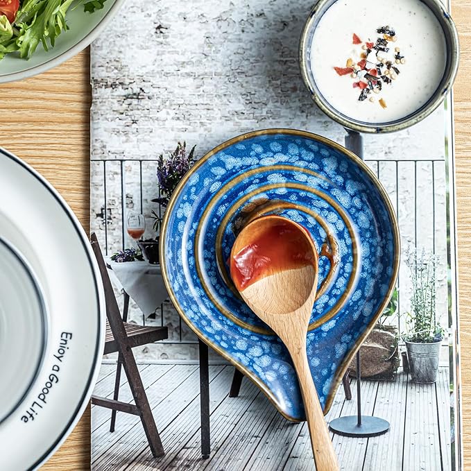 LAUCHUH Spoon Rest for Stove Top - 5” Ceramic Spoon Holder Stylish Utensil Holder for Kitchen Countertops, Ladle, Coffee Spoons, Cooking Spoons, Spatula, Tongs, Heat-Resistant, Starry Blue