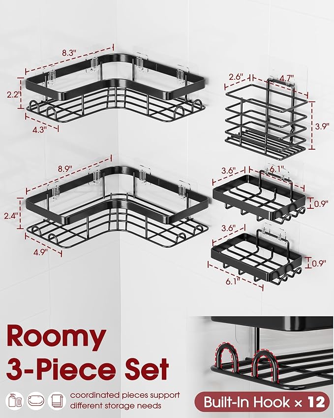 Sakugi Corner Shower Caddy - 5-Pack Shower Organizer with Soap Holder & Toothbrush Holder, Rustproof Metal Shower Shelves, Laundry, Kitchen, Bathroom Organizers and Storage Solution, Large, Black