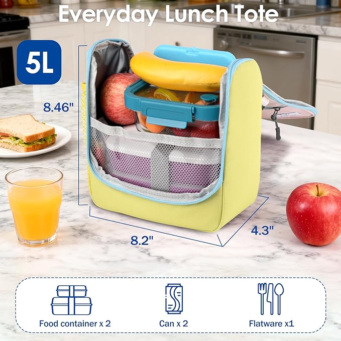 Genteen Kids Lunch Box, Insulated Lunch Bag for Kids, Toddler, Girl, and Boy; Holds Lunch Box, Water Bottle, & Snacks; Easy-Clean Water-Resistant Fabric & Multiple Zippered Pockets (Yellow Blue)