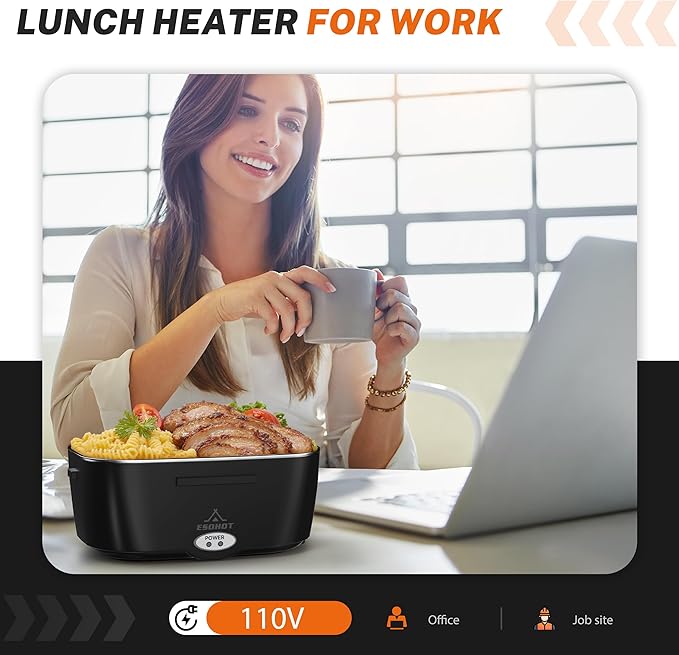 Heated Lunch Box,120W Electric Lunch Box for Adults with 1.5L 304 Stainless Steel Container, 12V/24V/110V Lonchera Eléctrica Portátil for Travel,Work,Car,Truck (Pure Black, 1.5L)