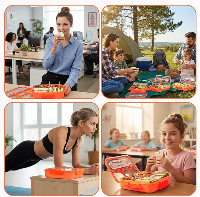Bento Box for Adults,4 Compartments Lunch Box, Snack Containers Reusable Lunch Containers Drop-Proof, Dishwasher Safe & Made with BPA-Free Materials, Orange