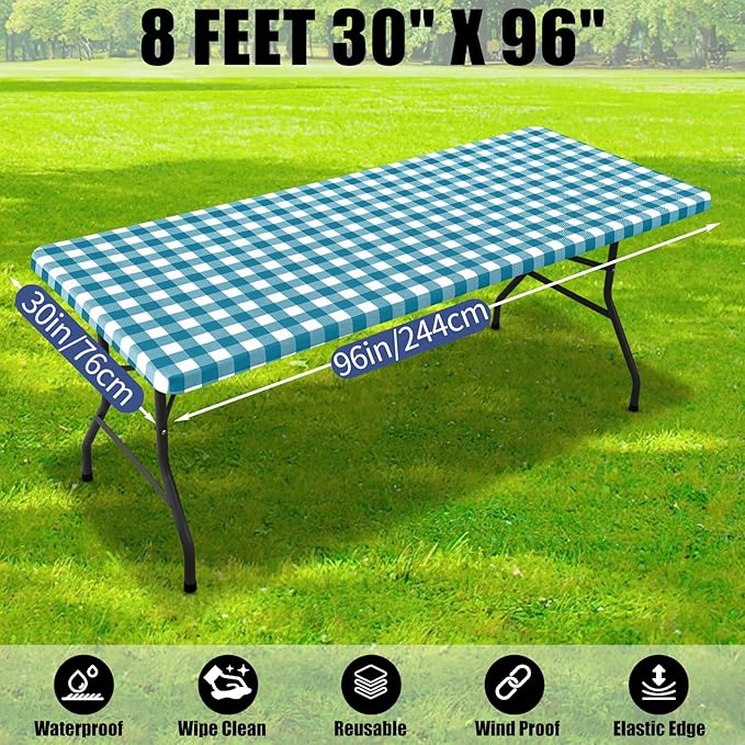 Smiry Picnic Table Cloth 2 Pack, Waterproof Elastic Fitted Tablecloths for 8FT Rectangle Tables, Washable Polyester Buffalo Plaid Tablecloth for Camping & Outdoor (Turquoise & White, 30" x 96")