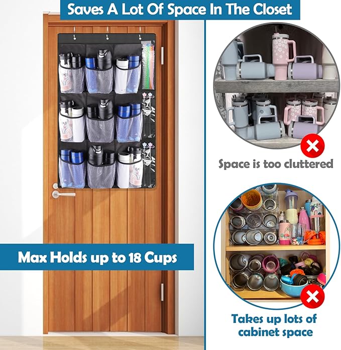 AIERSA Tumbler Organizer for Stanley 30 40 oz Cups with Handle, Cup Holder with Big Pockets for Big Water Bottles, Over the Door Tumbler Holder, Kitchen Cabinets Organizers Accessories