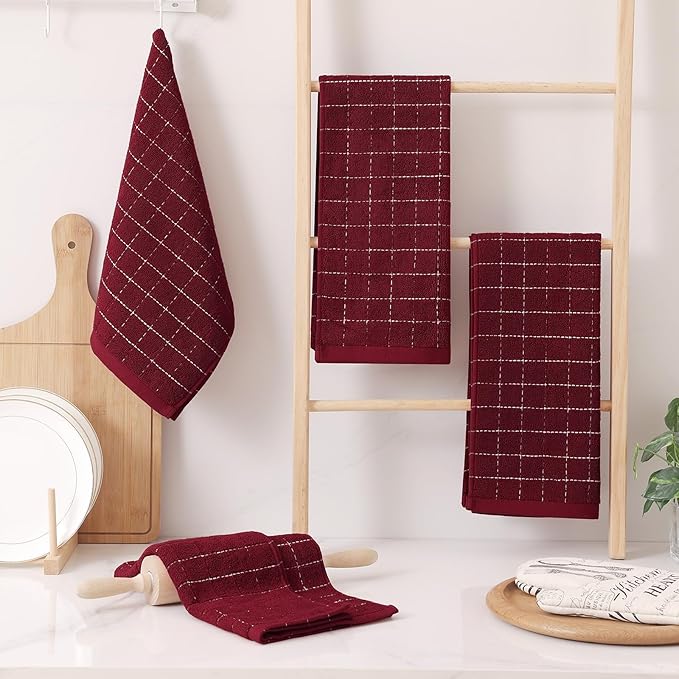 Homaxy 100% Cotton Terry Kitchen Towels(Burgundy Red, 13 x 28 inches), Checkered Designed, Soft and Super Absorbent Dish Towels, 8 Pack