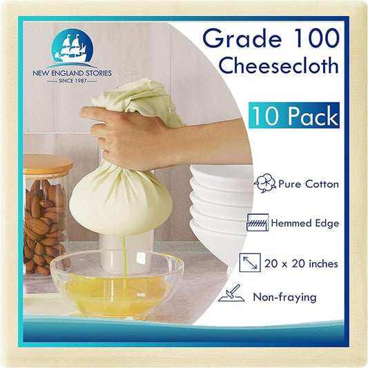 10 PCS Reusable Cheesecloth, Grade 100, 20x20 Inch Hemmed Cheese Cloth for Straining Craft, 100% Cotton Unbleached Cloth Strainer for Cooking, Baking, Juicing, Cheese Making