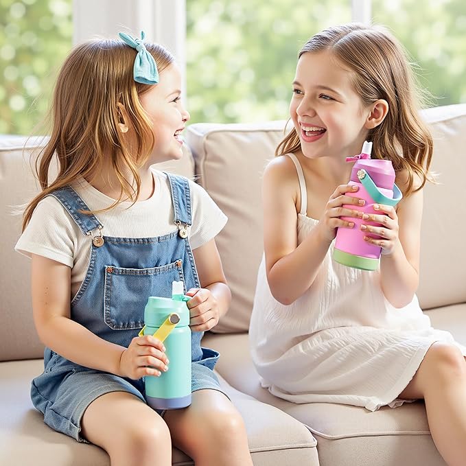 Kerilyn 12oz Kids Water Bottle 2 Pack, Stainless Steel Insulated Water Bottle Bulk, Toddler Cups with Straws Leak-Proof, Kids Water Bottles for School Boys Girls, BPA Free, 2 Piece Set Berry Couple