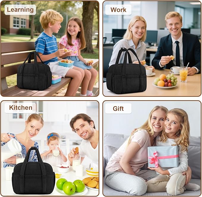 KUBYA Corduroy Lunch Box Lunch Bag for Women Men, Cute Strawberry Small Insulated Reusable Work Leakproof Simple Lunch Boxes Tote Bag Adults Cooler Bag