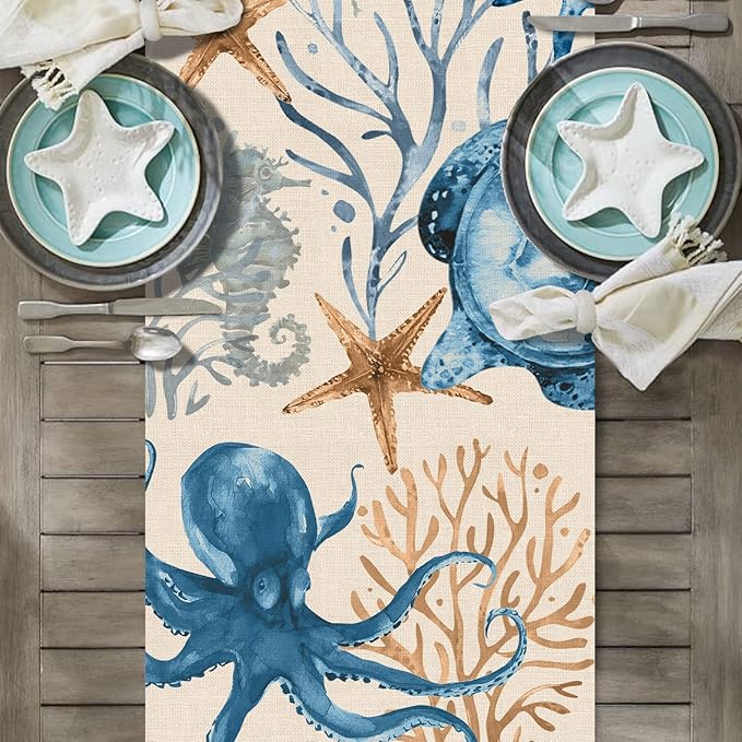 Seliem Summer Octopus Turtle Starfish Coral Coastal Table Runner, Under The Sea Home Kitchen Dining Teal Marine Life Decor, Ocean Creature Nautical Beach Decorations Indoor Outdoor Party Supply 13x60