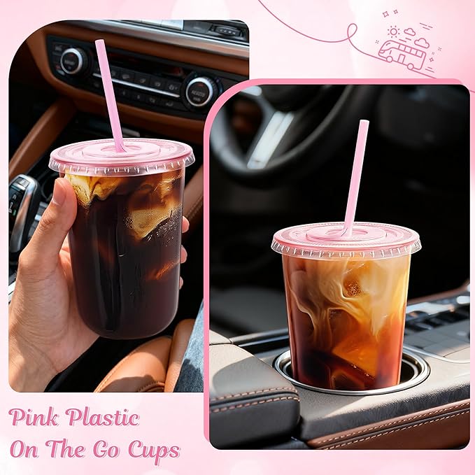 tchrules 100 Set 16oz Plastic Cups with Lids & Straws, Disposable Pink Clear Iced Coffee Cup with Lid, Round Bottom Plastic To Go Cups for Cold Drinks Slushie Smoothie Valentine Holiday Party Supplies