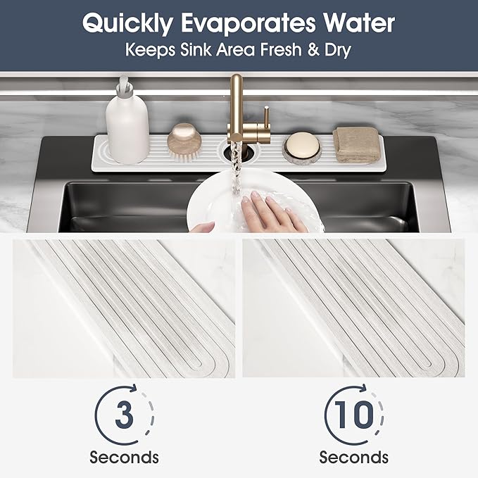 Quick Drying Stone Faucet Mat for Kitchen Sink - Diatomite Sink Mat Absorbing Stone Tray for Bathroom Counter, Sink Faucet Splash Guard Water Protector Matt for Kitchen Counter(White, 17.7" x 3.9")