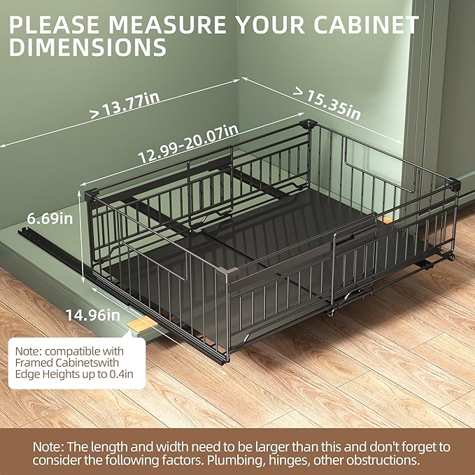 NETEL 2 Pack Expandable Pull Out Cabinet Organizer, Raised 6.69" guardrail, Adjustable Width 13"-20.07", 3 Rails No Drill Adhesive Peel And Stick, Adhesive Pull Out Drawers for Cabinets, Black