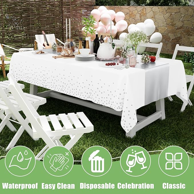 Smiry Plastic Table Cloth Disposable 3 Pack, 54 x 108 Inch Rectangle Waterproof Tablecloth, Printed Gold Table Runner Style for Birthday Weeding, Party, Leakproof & Sturdy, White and Sliver