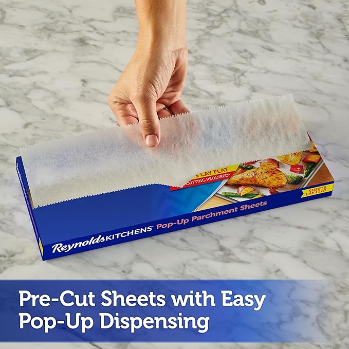 Reynolds Kitchens Pop-Up Parchment Paper Sheets, 30 Count, Fits Standard Baking Pans and Cookie Sheets, Non-Curling, Non-Stick, Pre-Cut, Oven-Safe Up to 425F, 10.75 in x 13.75 in (Pack of 2)