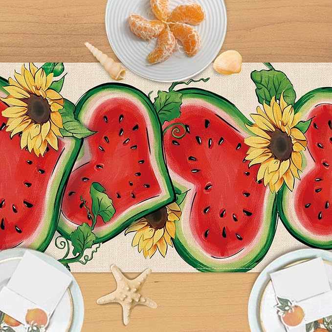 Seliem Summer Watermelon Table Runner, Love Heart Melon Fruit Sunflower Kitchen Dining Table Decor, Seasonal Burlap Home Decoration Indoor Outdoor Party Supply 13 x 36 Inch