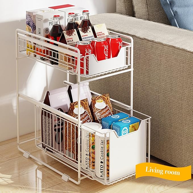 IDEALHOUSE 2-Tier Pull Out Cabinet Organizer, Heavy Duty Slide Out Pantry Shelves Drawer Storage Fixed with Adhesive Film, Sliding Mesh Cabinet Basket for Kitchen Bathroom Home, White