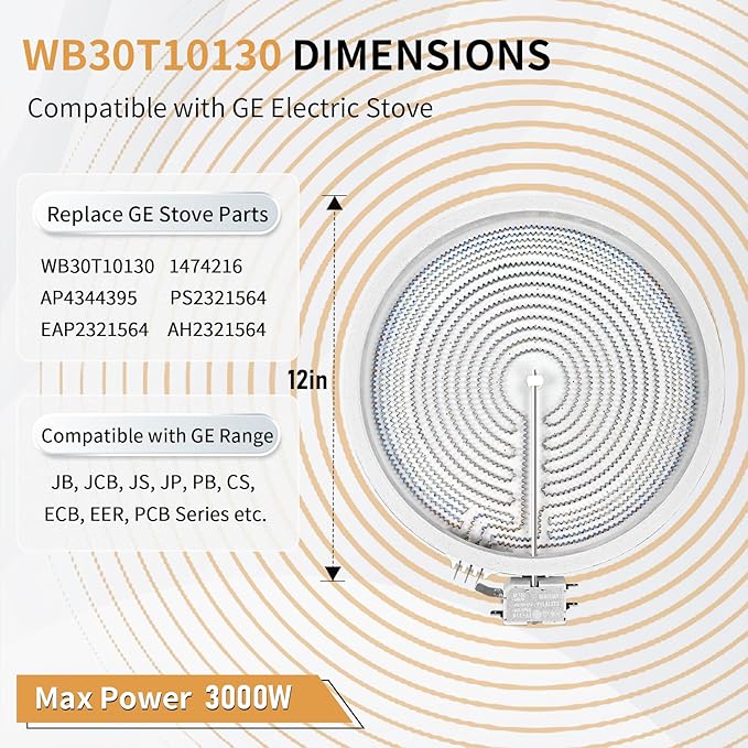 UPGRADED WB30T10130 12" Dual Haliant Surface Element Replacement for GE Stove, AP4344395 12"/9" Dual Radiant Surface Element, PS2321564 12 inch Burner Replace AH2321564 1474216
