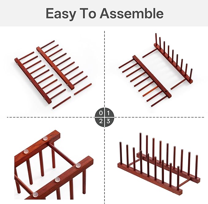 HBlife Padauk Wooden Dish Drying Rack - Home and Kitchen Organizer for Cups, Bowls, Pots, Lids, Cutting Boards & Plates Space-Saving for Cabinets Counters (8 Slots)