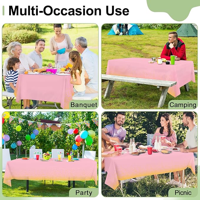 misaya 4 Packs Dot Disposable Table Cloth, 54 x 108 Inch Waterproof Plastic Tablecloth, Rectangle Gold Dots in Pink Table Covers for Mother's Day, Picnic, Birthday, Party