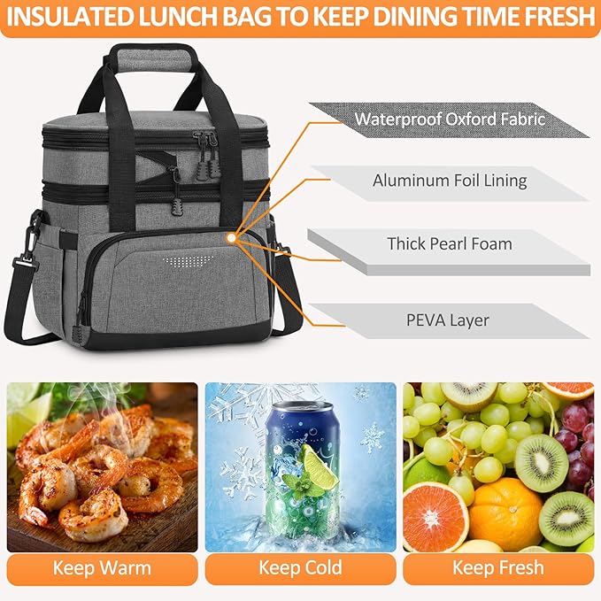 Vankor Lunch Box for Men Women, Large Double Layer Insulated Lunch Bag Tote Expandable Leakproof Waterproof Cooler Bag with Adjustable Shoulder Strap for Work Office Picnic Travel, Grey
