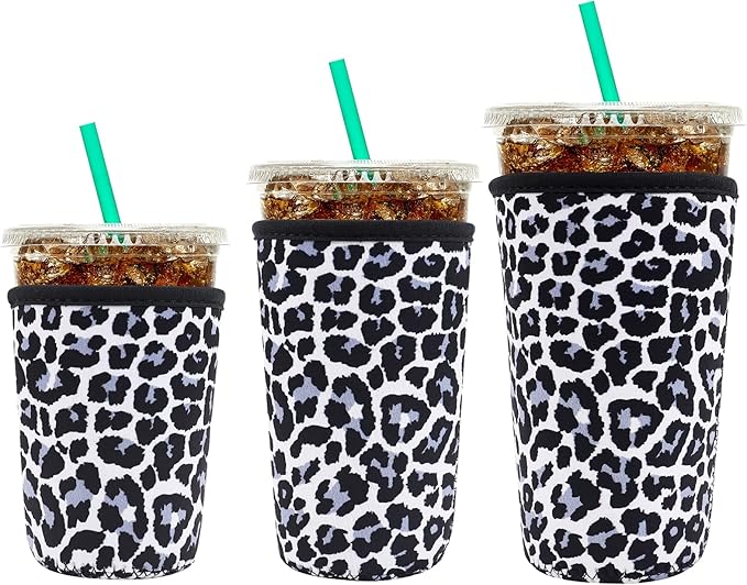 YR Reusable Neoprene Insulator Sleeve for Iced Coffee Cups, 3 Pack Coffee Coolies sleeves for Iced & Hot Drinks, Cold Beverage Cooler Compatible with Starbucks Coffee and More (Snow Leopard)
