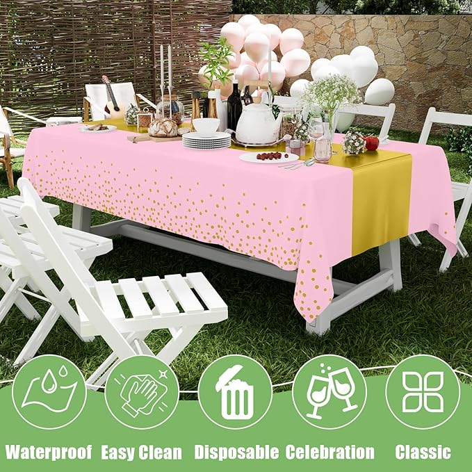 Smiry Plastic Table Cloth Disposable 8 Pack, 54 x 108 Inch Rectangle Waterproof Tablecloth, Printed Gold Table Runner Style for Birthday Weeding, Party Decorations, Leakproof & Sturdy, Pink and Gold