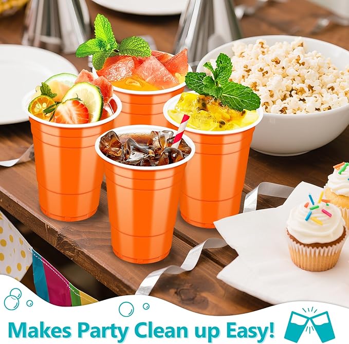 LANLISA 50 Orange Plastic Cups, 16 oz Disposable Cups, Drinking Cups For Birthday Party, Halloween, Thanksgiving, Harvest, Fall