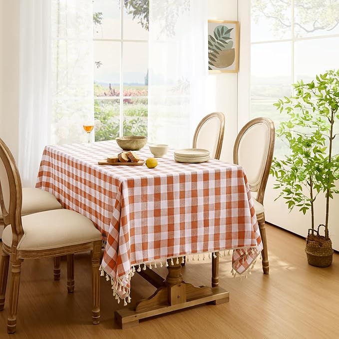 Softalker Fall Checkered Tablecloth Square, Heavy Weight Linen Cotton Gingham Thanksgiving Orange Table Cloth with Tassel, Wrinkle Free Buffalo Plaid Table Cover for Dining Party- 55 x 55 Inch