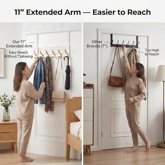 11" Over The Door Hooks for Hanging, Heavy Duty Door Towel Rack with Custom Gold Hooks, Anti-Scratch 4 Pads, 12 Dual-Layer Hooks for Bathroom Bedroom Kitchen, White Gold