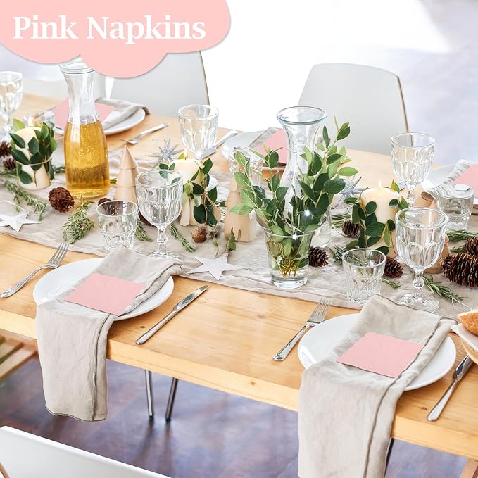 100 Pcs Cocktail Napkins, 2-Ply 5 x 5 Inches Disposable Scalloped Napkins, Thick Premium Dessert Napkins for Party, Wedding, Dinner, Birthday, Anniversary, Festival (Pink)