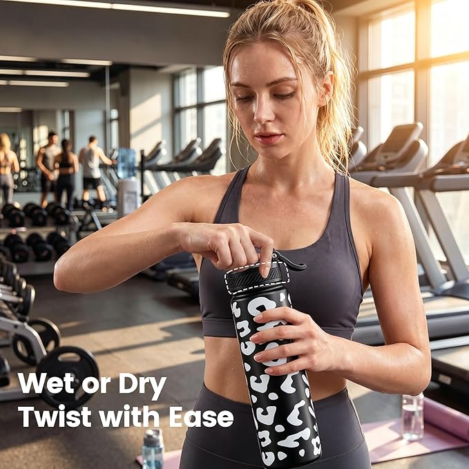 Fijinhom 24 oz Insulated Water Bottle, 2-in-1 Straw and Spout Lid Stainless Steel Thermos, Leak-Proof, Double Wall Vacuum Flask, Keep Cold 24H for Outdoor, Sports, Travel, School (Cow)
