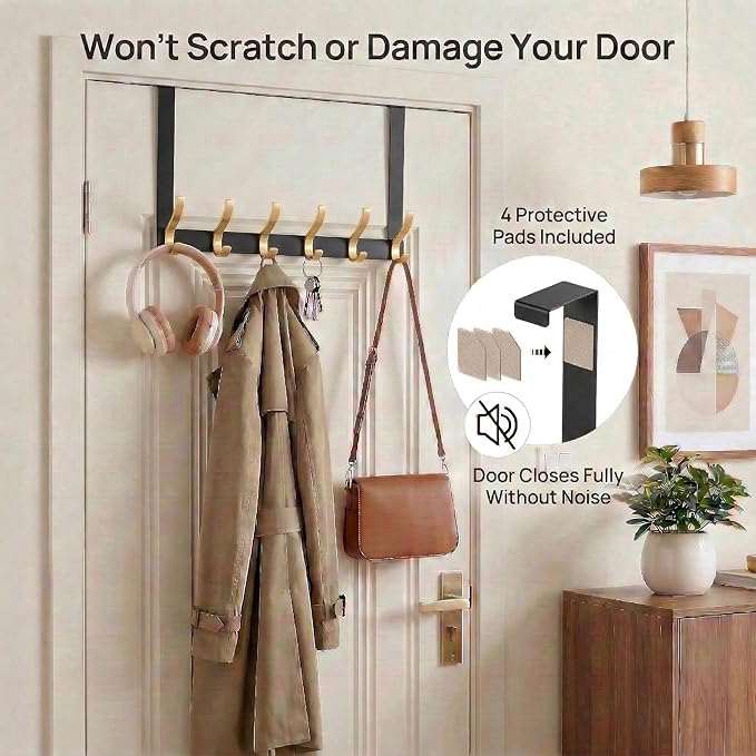 2 Pack 11" Over The Door Hooks for Hanging, Heavy Duty Door Towel Rack with Custom Gold Hooks, Anti-Scratch 4 Pads, 12 Dual-Layer Hooks for Bathroom Bedroom Kitchen, Black Gold