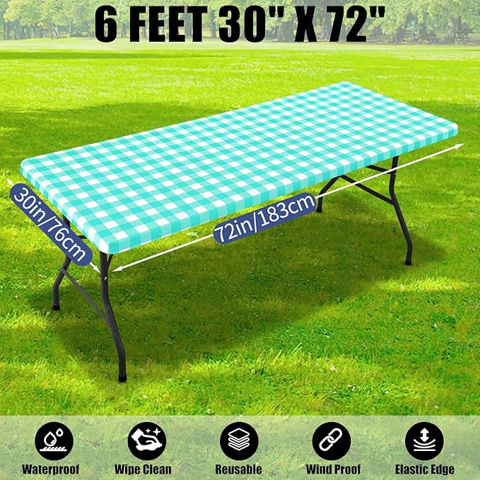 Smiry Picnic Table Cloth 2 Pack, Waterproof Elastic Fitted Tablecloths for 6FT Rectangle Tables, Washable Polyester Buffalo Plaid Tablecloth for Camping, Dining & Outdoor (Teal & White, 30" x 72")