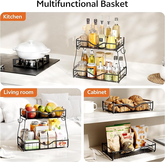 2 Tier Fruit Basket for Kitchen Countertop with 2 Banana Hangers,Detachable Metal Fruit Bowl with Wooden Handles and Protective Pads,Large Capacity Fruit and Vegetable Basket Organizer,Black