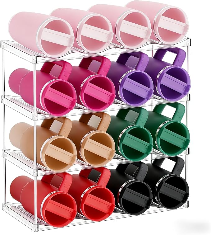 Stackable Water Bottle Organizer for Cabinet,4 Tier Water Bottle Holder for Stanley Yeti 40 oz Bottle Shelf,Clear Tumbler Storage Organizer,Wine Rack,Cup Organizer for Kitchen Cabinets Counter Pantry